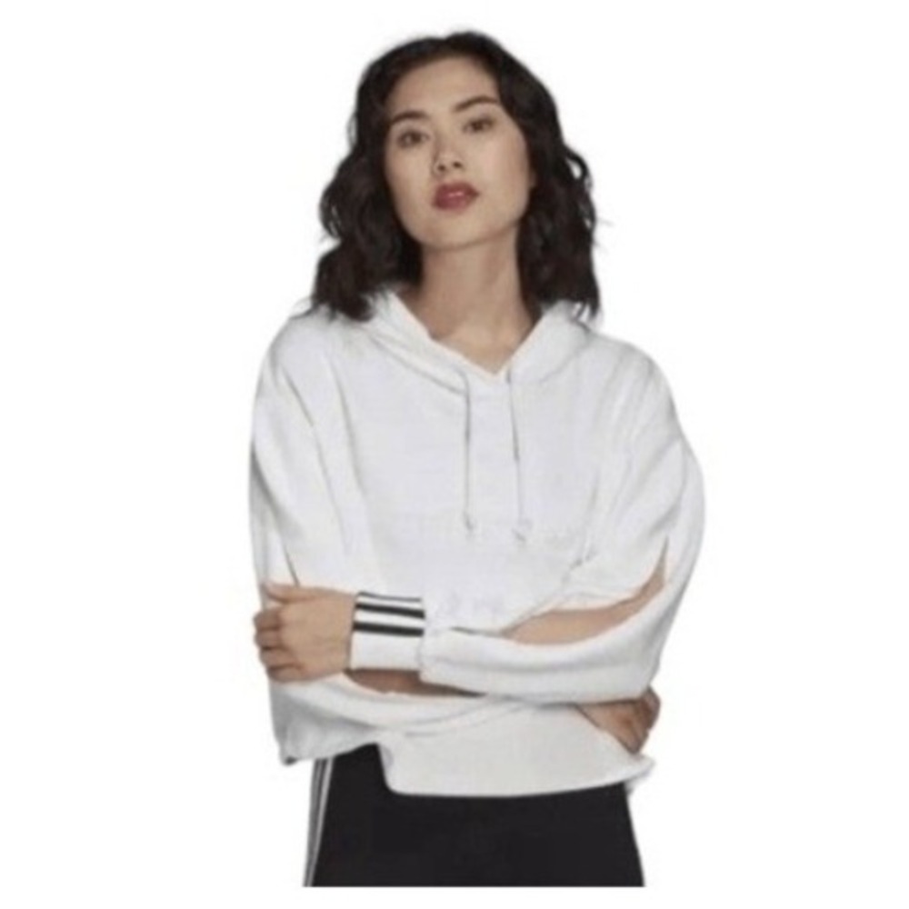 Adidas Originals Hoodie Sweatshirt White Cropped Cut Out Sleeve Embroidered Logo